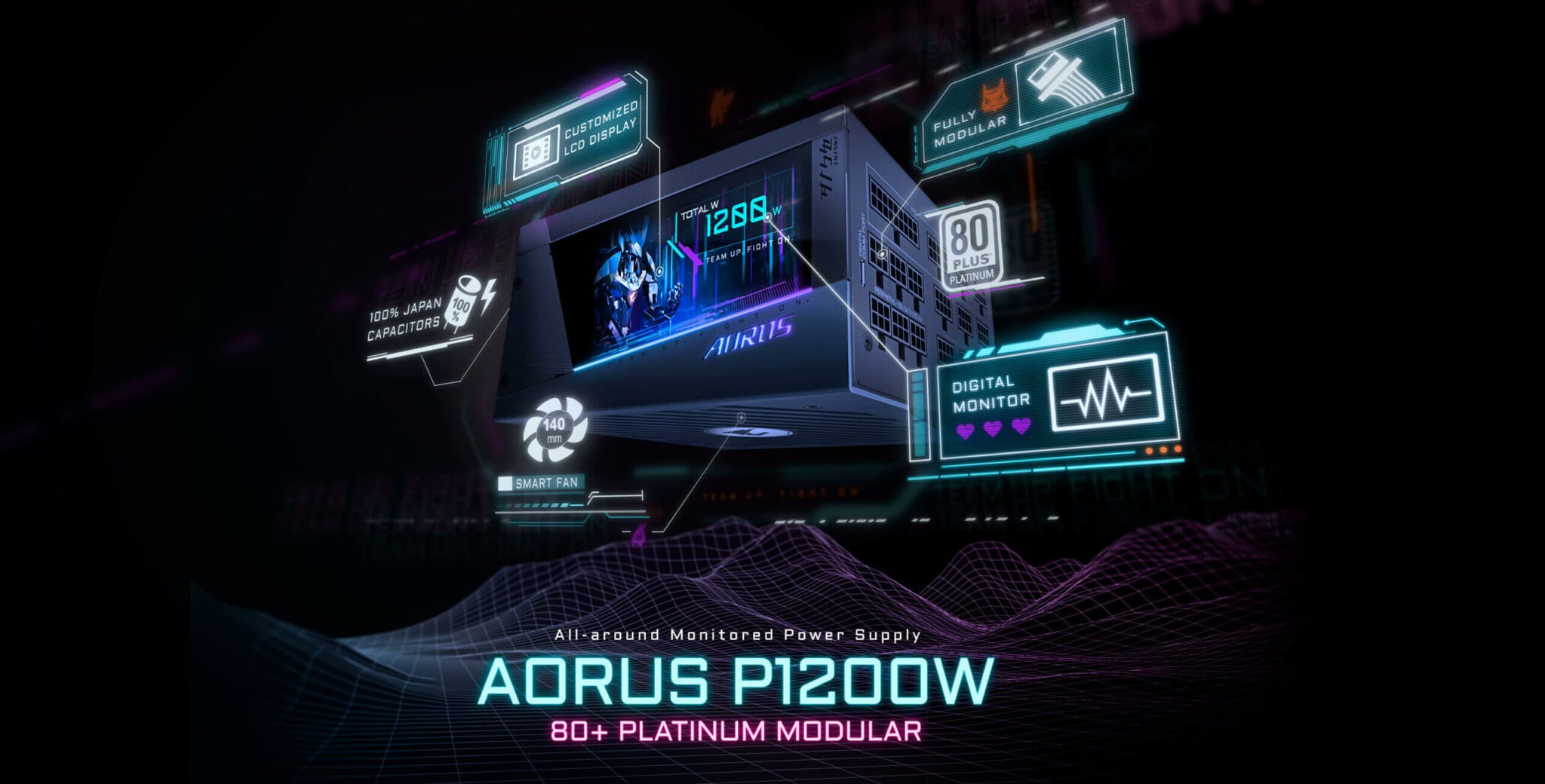 Gigabyte ra mắt bộ nguồn AORUS P1200W 80+ Platinum full modular có cả màn hình LCD cực ngầu