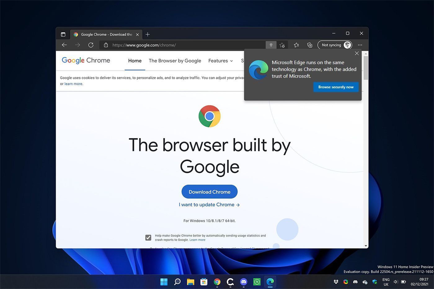 Edge hiện thông báo khuyên người dùng không nên xài Chrome ngay trang tải về