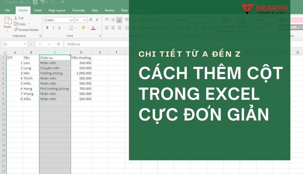 Chi tiết từ A đến Z cách thêm cột trong Excel cực đơn giản