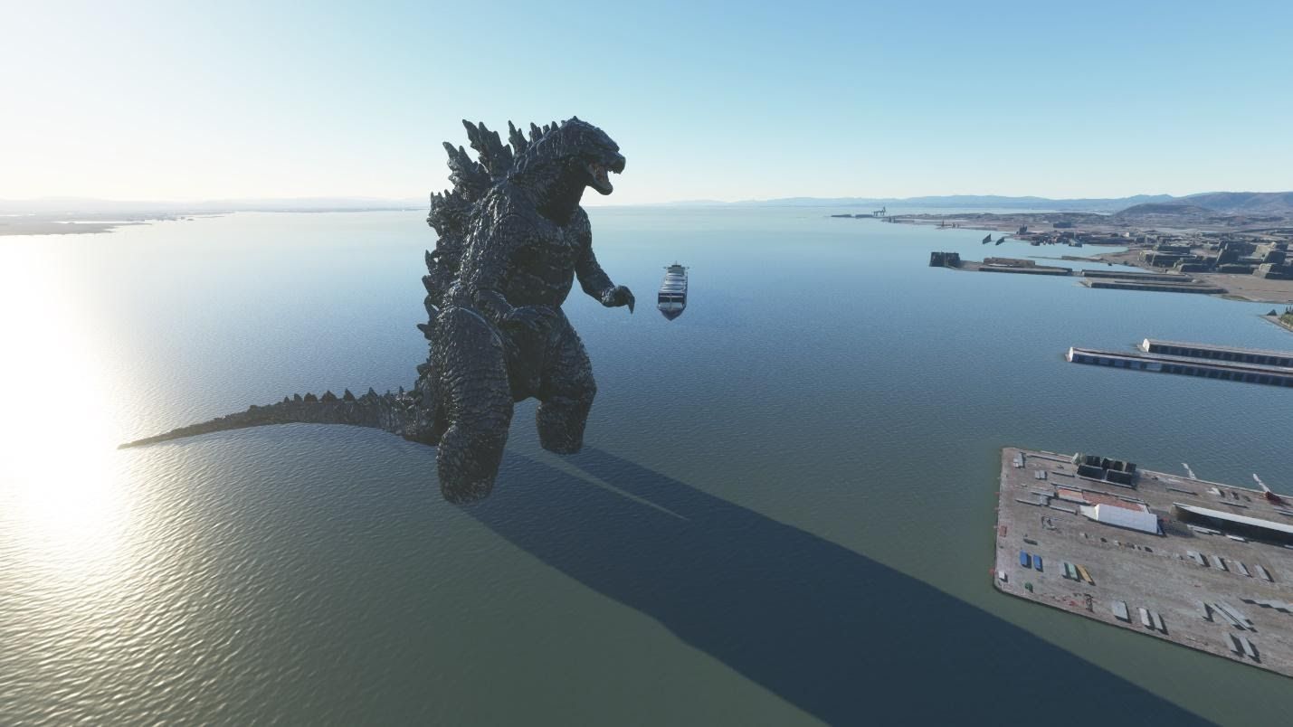 Xuất hiện quái vật Godzilla khổng lồ trong tựa game “2 triệu GB” Flight Simulator, rất may là hiền khô
