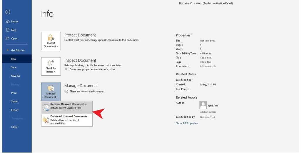 Cách lấy lại file Word chưa lưu trên Windows - GEARVN