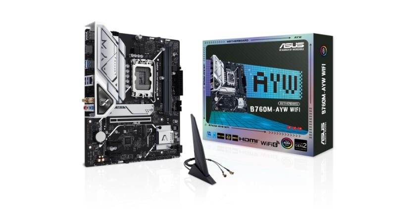 ASUS B760M-AYW WIFI D5 trên nền tối, làm nổi bật các tản nhiệt VRM và M.2