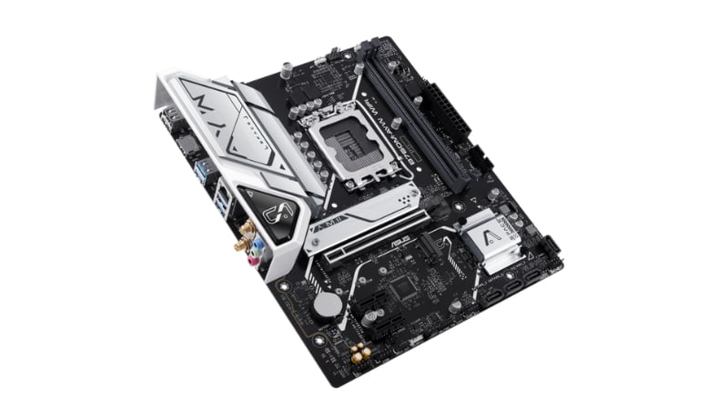 Khe cắm PCIe 4.0, khe RAM DDR5 và các cổng kết nối phía sau của mainboard bao gồm ăng-ten Wi-Fi