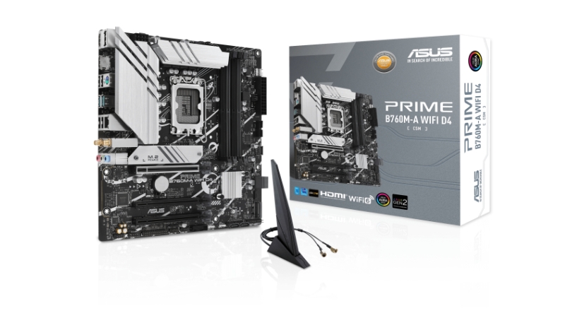 ASUS PRIME B760M-A WIFI D4 CSM trên nền trắng, thể hiện rõ thiết kế và các cụm tản nhiệt