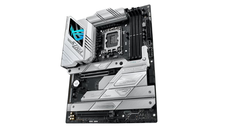ASUS ROG Strix Z790-A GAMING WIFI II DDR5 trên nền tối, làm nổi bật thiết kế trắng bạc và logo RGB
