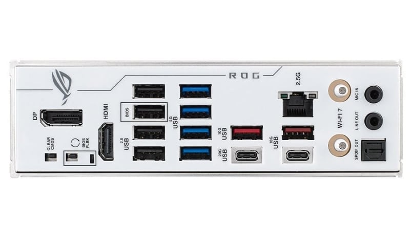 Cổng I/O phía sau của bo mạch chủ, làm nổi bật các cổng USB Type-C tốc độ cao và ăng-ten ASUS Q-Antenna