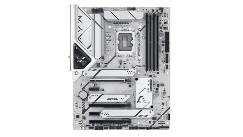 ASUS Z790 AYW WIFI W với tông màu trắng chủ đạo, nổi bật các cụm tản nhiệt và thiết kế PCB