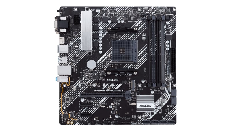 bo mạch chủ ASUS PRIME B450M-A II CSM trên nền tối, thể hiện rõ thiết kế và các cụm tản nhiệt