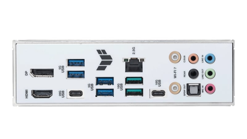 Cổng kết nối I/O phía sau, bao gồm ăng-ten WiFi 7, cổng USB Type-C 20Gbps và cổng LAN 2.5Gb