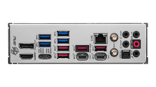 Khu vực cổng I/O phía sau của bo mạch chủ, làm nổi bật các cổng LAN, ăng-ten Wi-Fi và USB Type-C