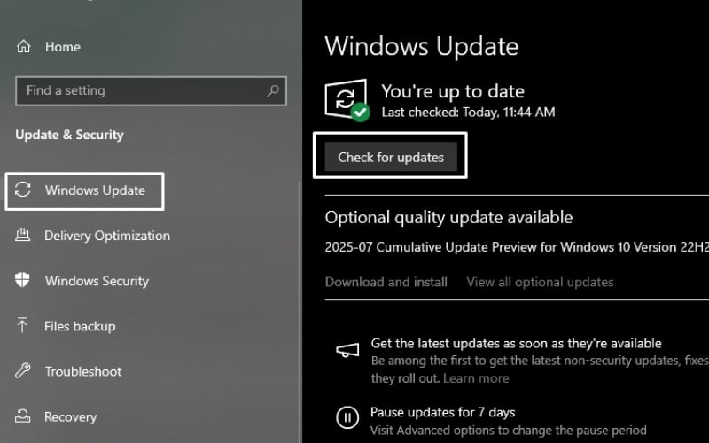 Nhấp vào Check for updates và tiến hành cập nhật (nếu có)