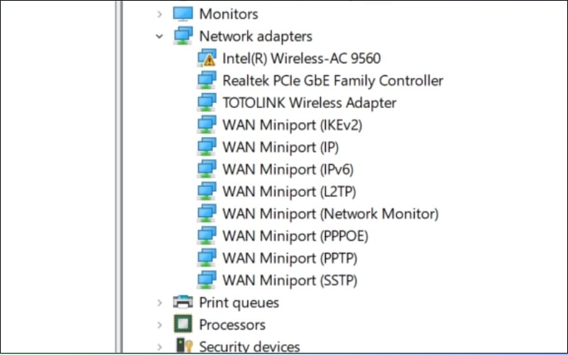 Hiện cảnh báo lỗi (biểu tượng tam giác vàng) tại thiết bị Wireless Adapter