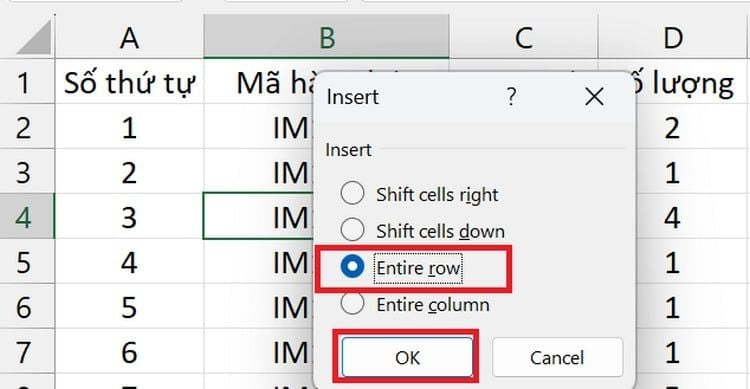 cách thêm dòng trong Excel