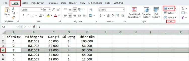 cách thêm dòng trong Excel