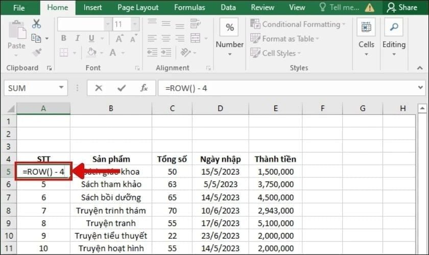 cách thêm dòng trong Excel