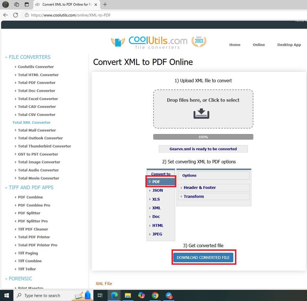 chuyển XML sang PDF