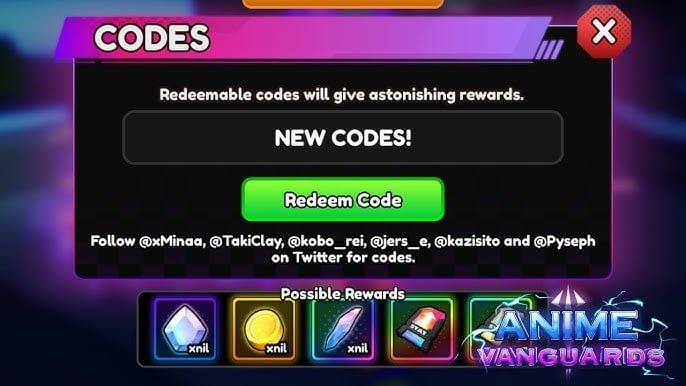 nhập Code Anime Vanguards