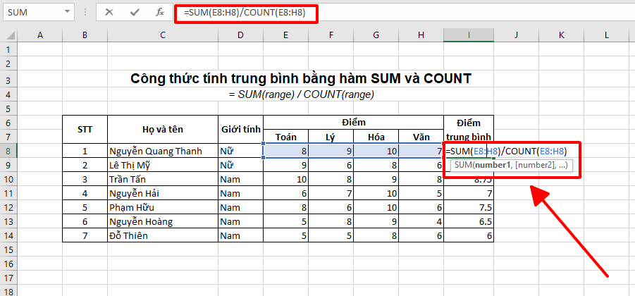 GEARVN - Cách tính trung bình trong Excel bằng hàm SUM và COUNT