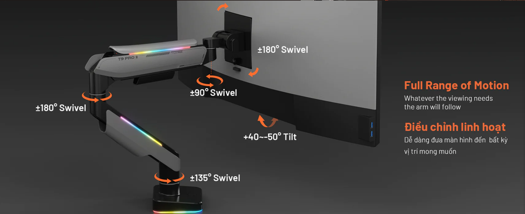 GEARVN Giá treo màn hình Human Motion T9 Pro II Led RGB Xám