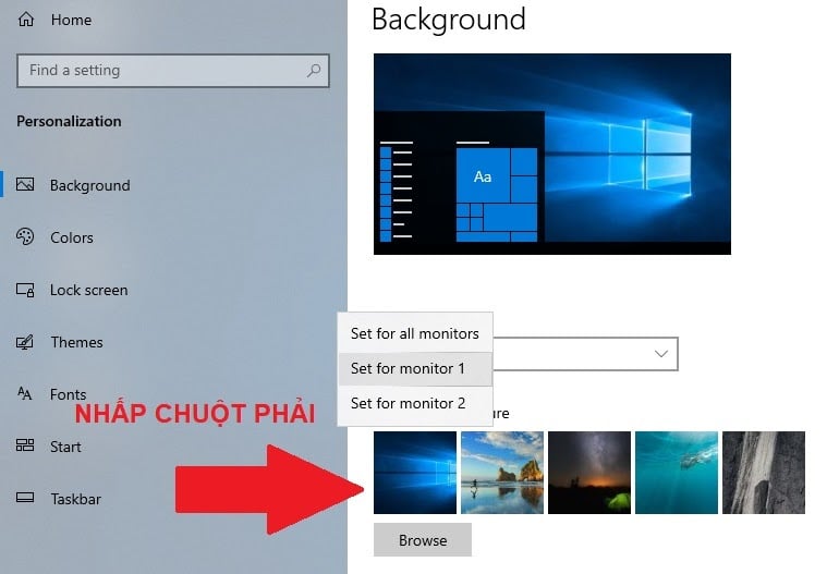 Hướng dẫn thiết lập hình nền riêng biệt cho nhiều màn hình khác nhau trên Windows 10