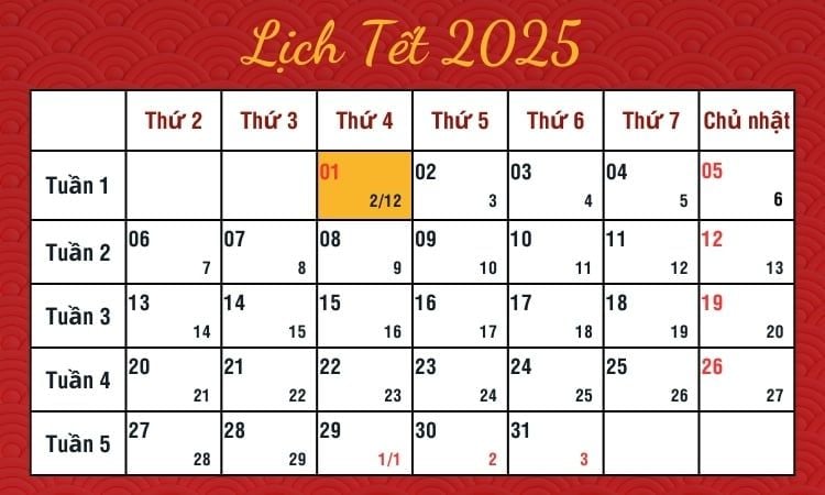 lịch nghỉ tết 2025 dương lịch