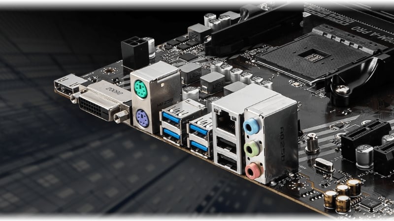 Cổng I/O phía sau của bo mạch chủ, làm nổi bật các cổng USB 3.2 và cổng xuất hình HDMI