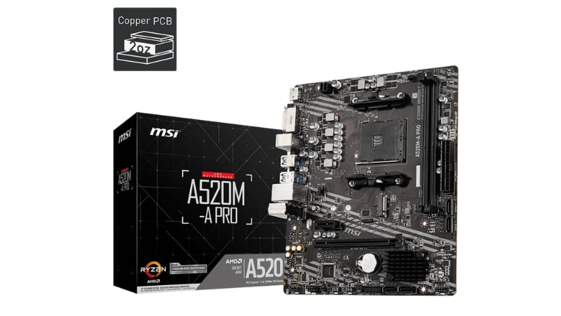 MSI A520M-A PRO với thiết kế đơn giản, chuyên nghiệp trên nền trắng