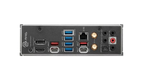 Panel I/O phía sau của bo mạch chủ MSI MAG X670E TOMAHAWK WIFI, hiển thị rõ các cổng kết nối đa dạng