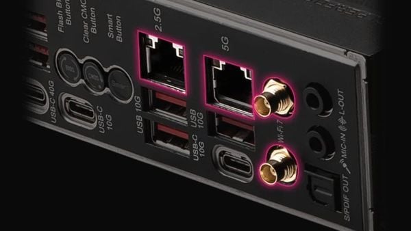 Cổng LAN, cổng USB 4 và anten Wi-Fi 7