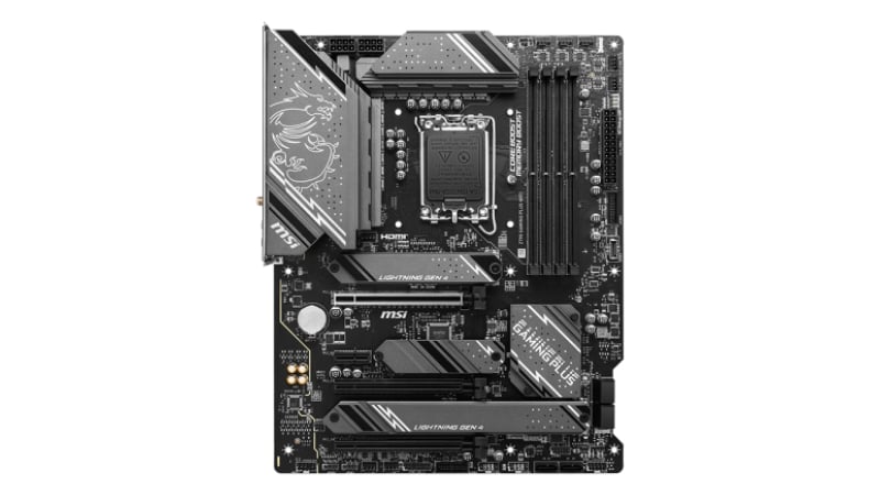 Khe cắm PCIe 5.0 x16 được gia cố bằng thép và các khe RAM DDR5 trên bo mạch chủ