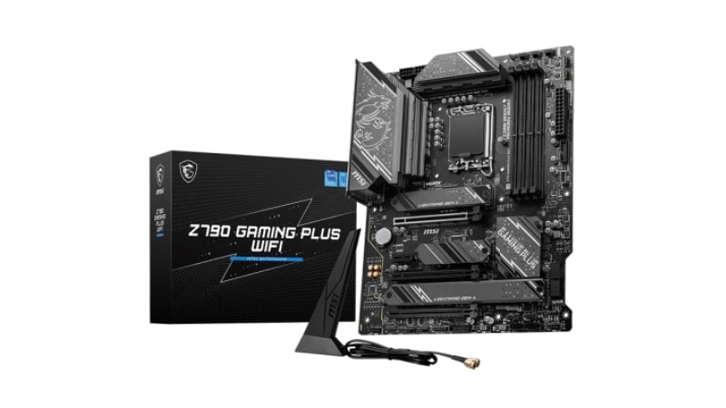 MSI Z790 GAMING PLUS WIFI DDR5 trên nền tối, làm nổi bật các khối tản nhiệt VRM và chipset