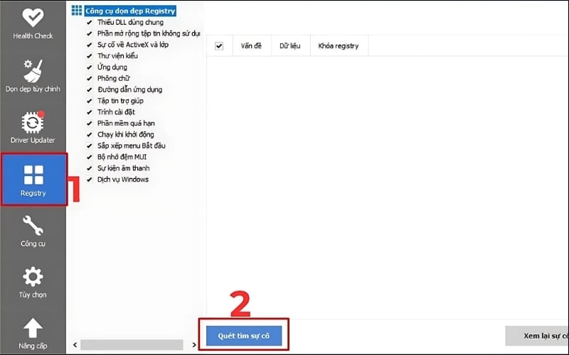 Chuyển sang tab Registry. Nhấn Scan for Issues