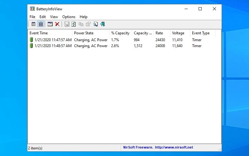 Phần mềm BatteryInfoView