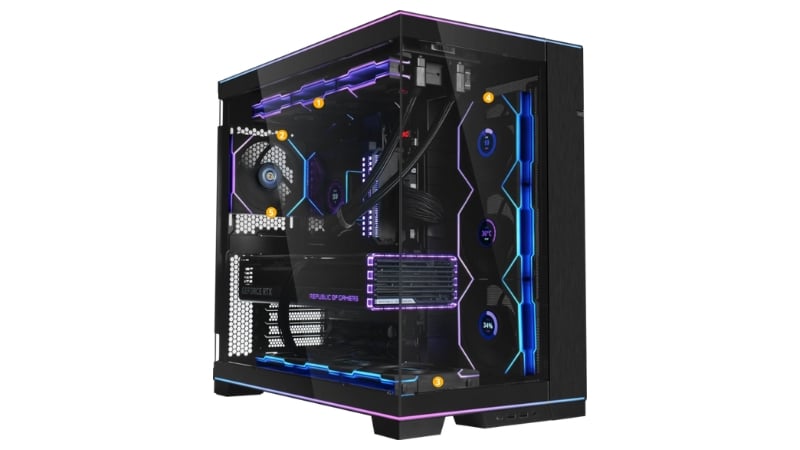 Dàn máy PC hoàn chỉnh được trang bị quạt Lian Li UNI FAN TL120, làm nổi bật hiệu ứng gương vô cực đồng bộ