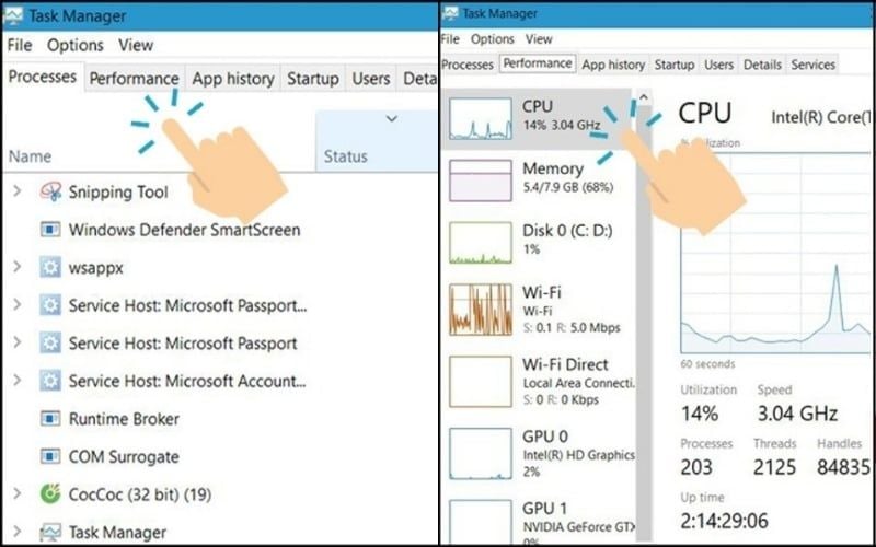 Mở Task Manager bằng Ctrl + Shift + Esc để xem chi tiết CPU: tên, tốc độ, số nhân, số luồng