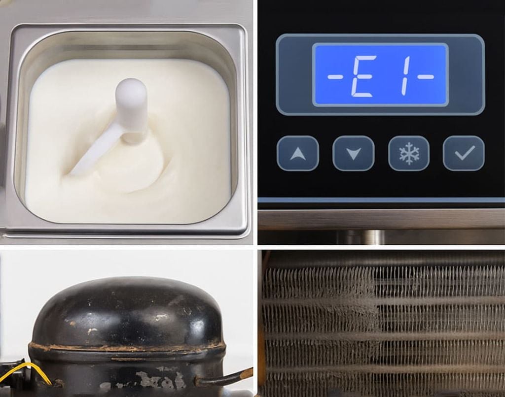 Soft serve ice cream machine with weak cooling system – check compressor and condenser unit