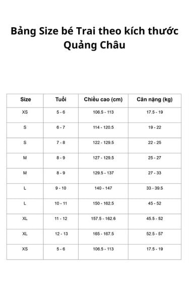 MÁCH MẸ LỰA CHỌN BẢNG SIZE QUẦN ÁO CHUẨN CHO BÉ