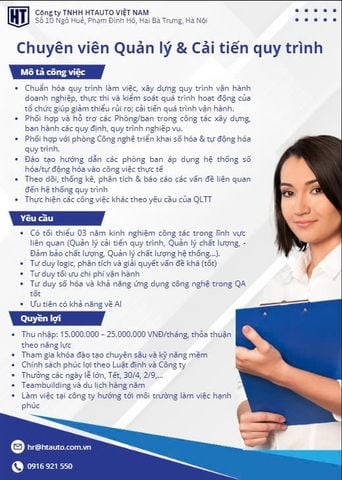 Tuyển dụng Chuyên viên Quản lý & Cải tiến quy trình