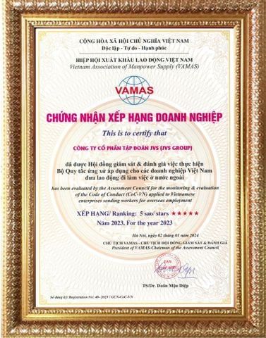 ベトナムの取引先である「JVS グループ」は、ベトナム海外労働者派遣協会( VAMAS ) より優秀な送出機関として、5つ星（★★★★★）ランク認定書を授与されました！