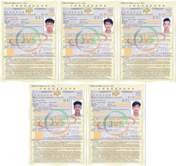 2024年11月12日 ベトナムの取引先である「JVSグループ」の実習生5名に【機械加工：男性3名・機械検査：男性2名】の在留資格認定証明書が下りました。