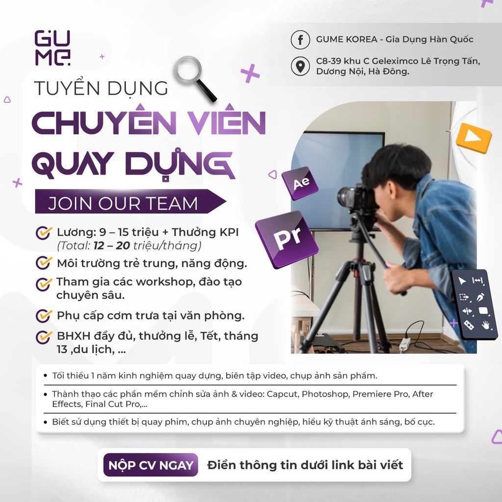 🌟 KIẾN TẠO TƯƠNG LAI CÙNG GUME KOREA: TÌM KIẾM CHUYÊN VIÊN QUAY DỰNG & CHỤP ẢNH TÀI NĂNG! 🚀