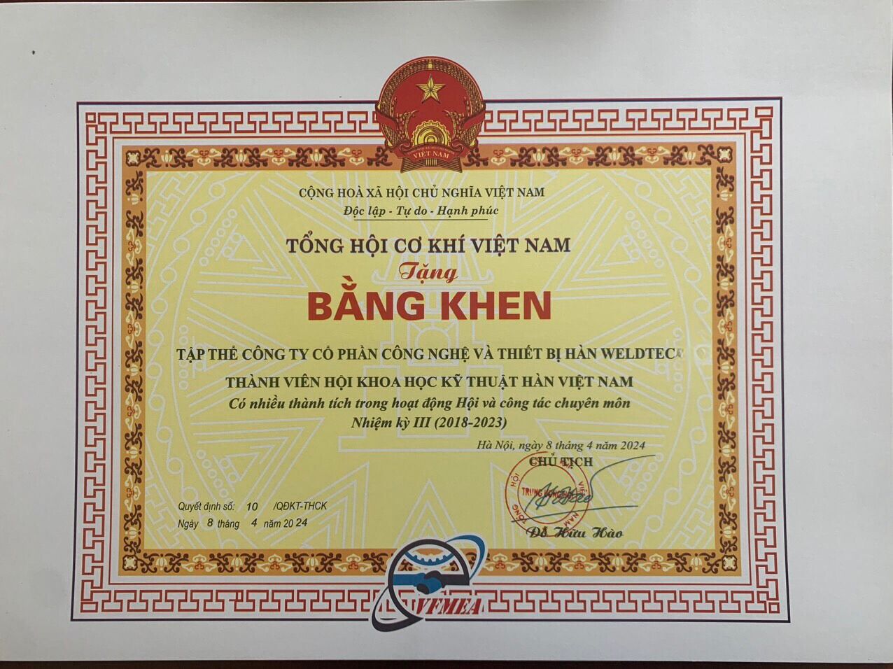 Weldtec vinh dự nhận danh hiệu và bằng khen của Tổng hội Cơ khí Việt Nam