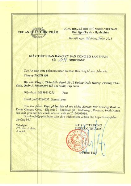Giấy công bố Hồng Sâm Khô Hộp Thiếc KGC Jung Kwan Jang