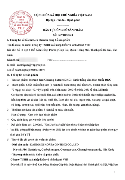 Giấy công bố Nước Hồng Sâm Hàn Quốc DKG Hộp 30 gói 70ml