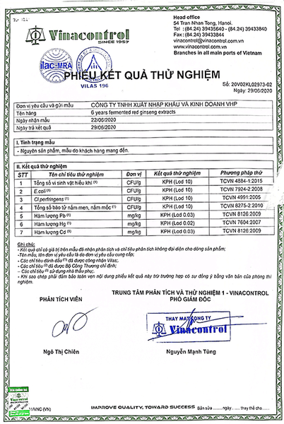 Giấy kiểm nghiệm Cao Hồng Sâm Lên Men Hàn Quốc Daedong Hộp 3 Lọ 100g