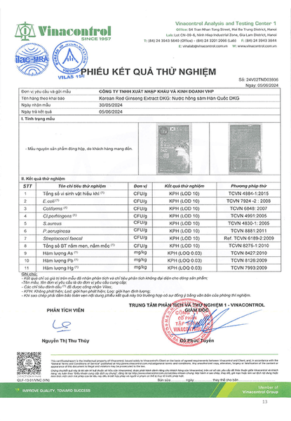 Giấy kiểm nghiệm ATVSTP Nước Hồng Sâm Hàn Quốc DKG Hộp 30 gói 70ml