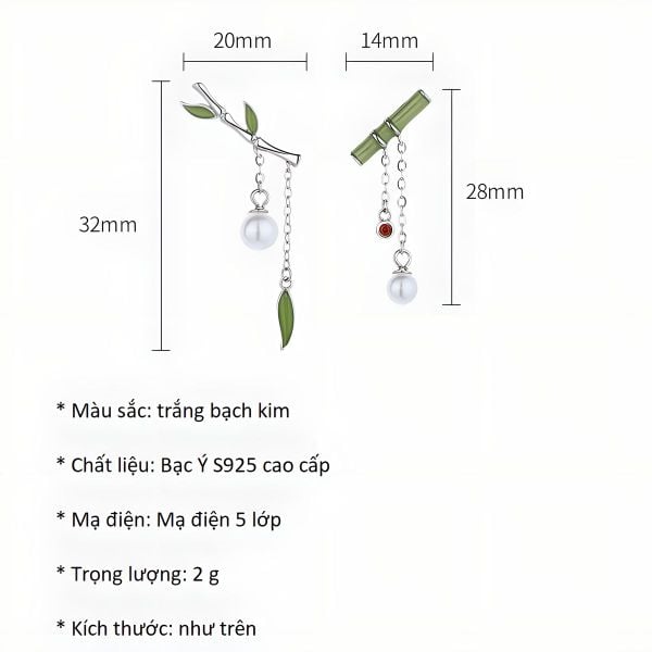 Khuyên tai bạc nữ đẹp kết hợp ngọc trai trắng và họa tiết trúc xanh, tạo nên phong cách thanh thoát, phù hợp cho mọi sự kiện