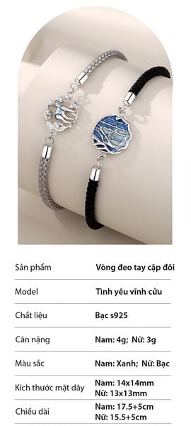 Sản phẩm vòng tay đôi tình yêu bạc, dây bện chắc chắn, thiết kế con nai và cây cối, biểu tượng của sự hài hòa với thiên nhiên