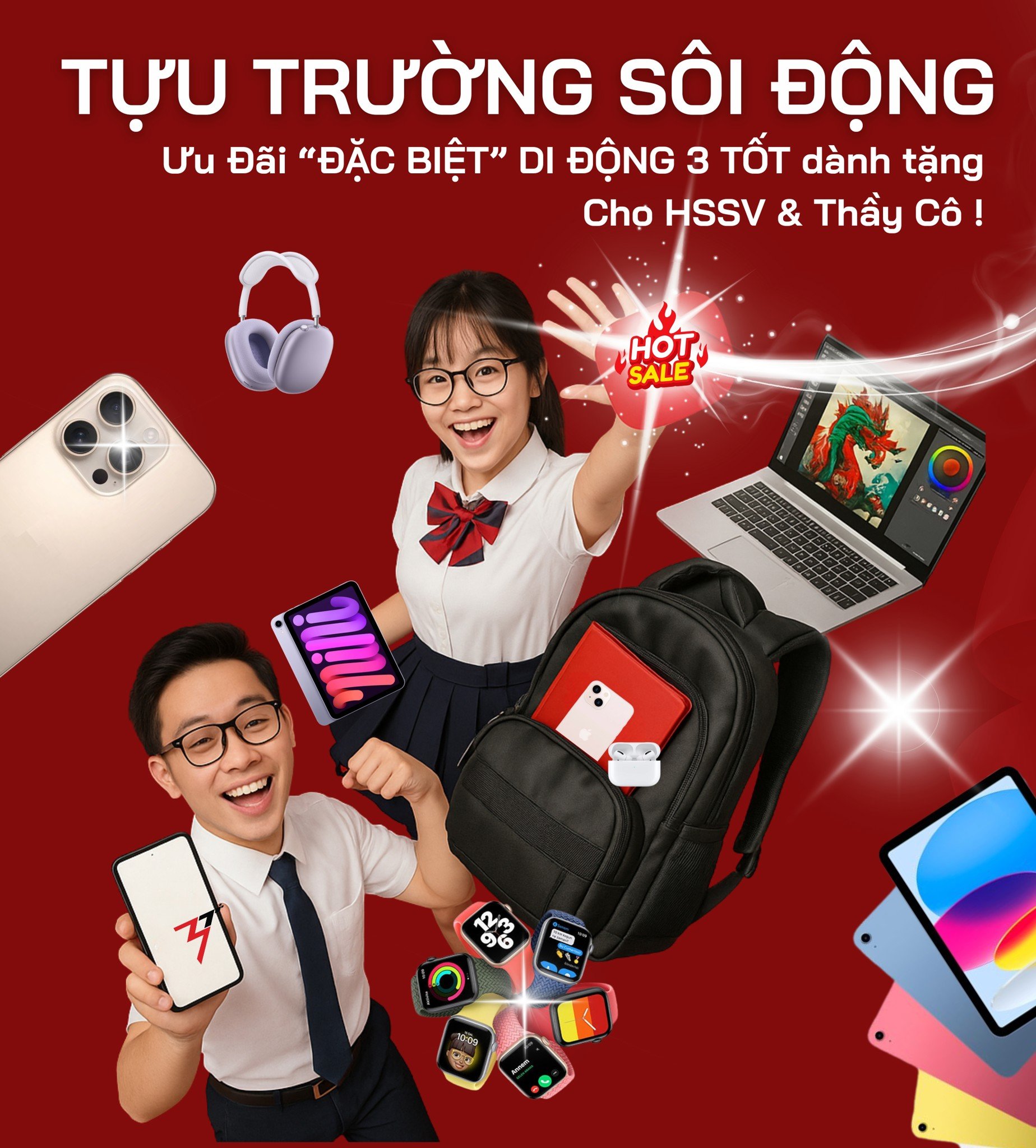 Ưu đãi Tựu Trường 2025 tại Di Động 3 Tốt – Giảm đến 2 triệu, quà tặng cực chất cho HSSV & Thầy Cô
