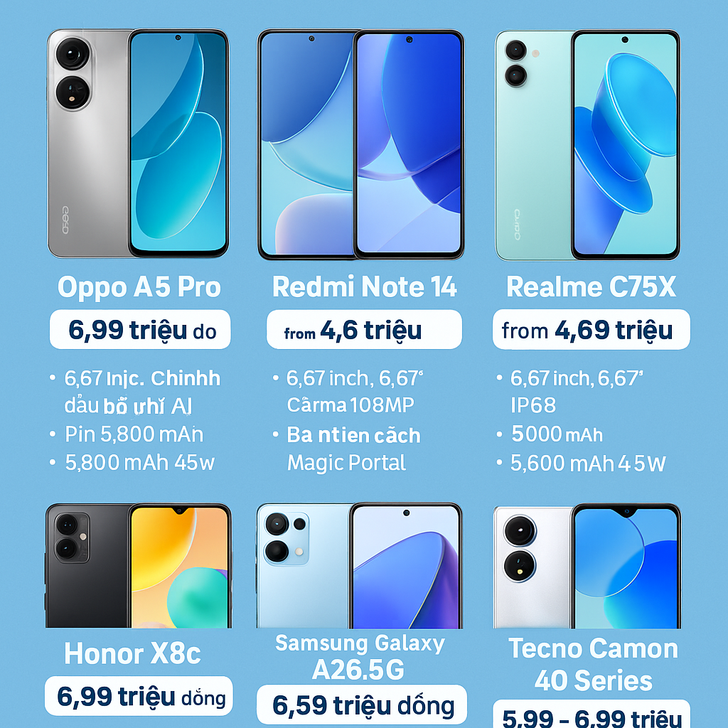 Loạt smartphone tích hợp AI dưới 7 triệu đồng – Giá mềm, hiệu năng ổn, pin khủng